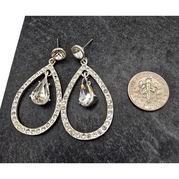 Pierced Earrings Teardrop Crystal Rhinestone Dangle Silver Tone Butterfly Back - Picture 6 of 6